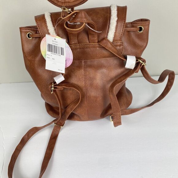 Cognac Backpack Bag Shearling Faux Leather Vegan Western Boho Festival NWT - Picture 4 of 6